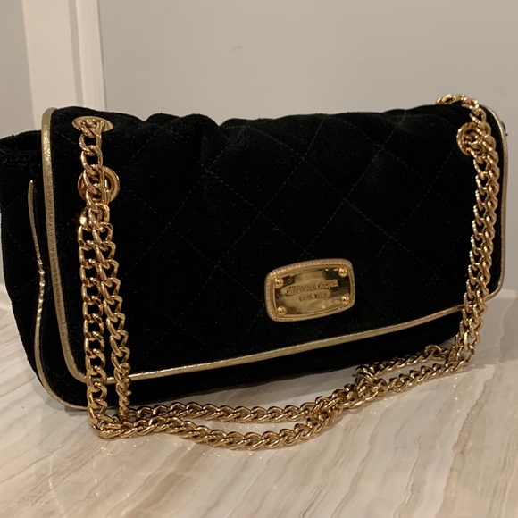 Michael Kors Handbags - Michael Kors Sloan Black Quilted Suede Gold Chain Bag/Clutch